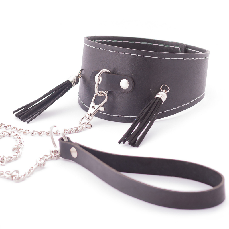 Ошейник с кисточками + поводок "Crazy Handmade" черный, кожа 